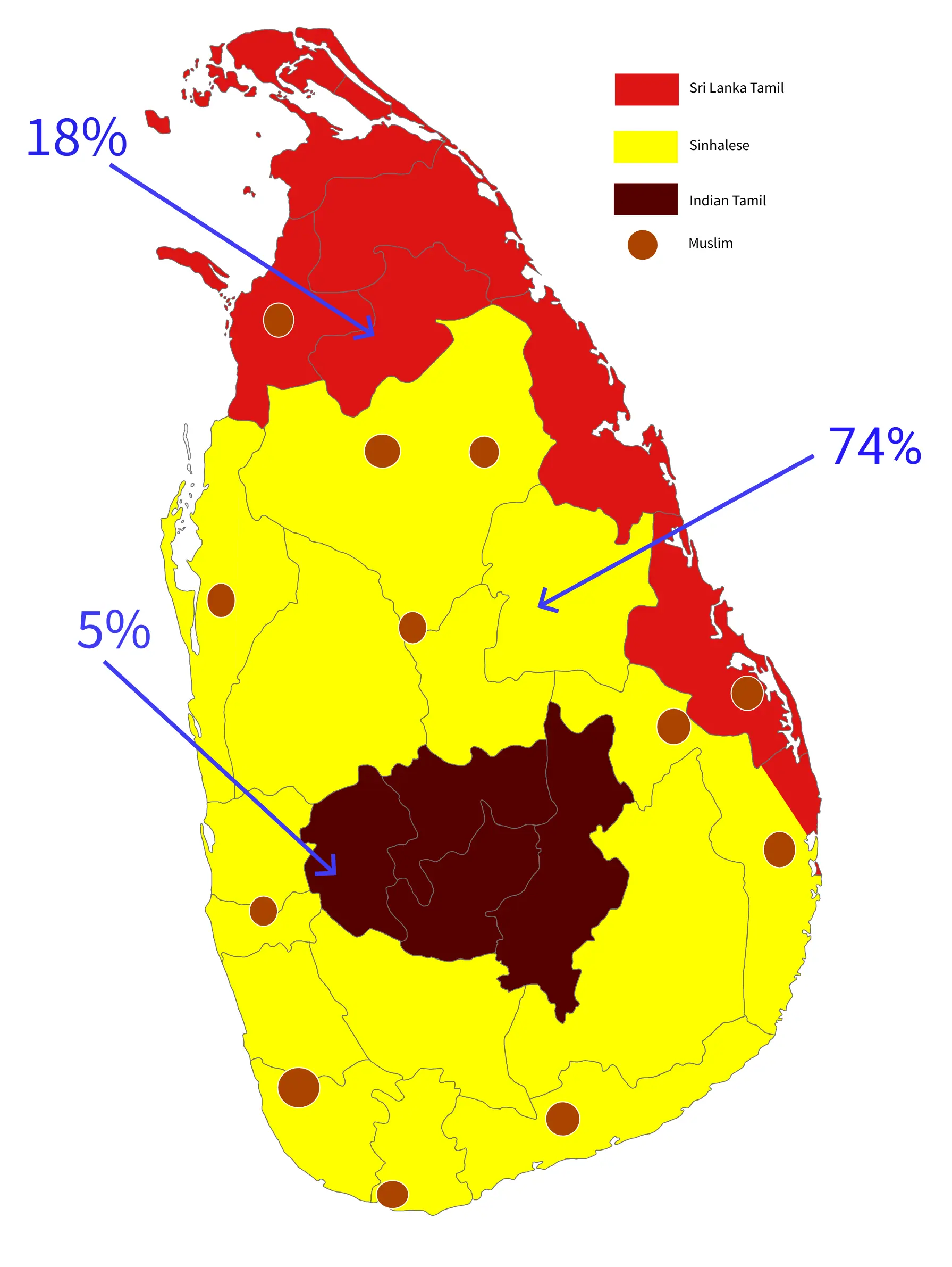 Map of Sri Lanka divided into ethnic regions