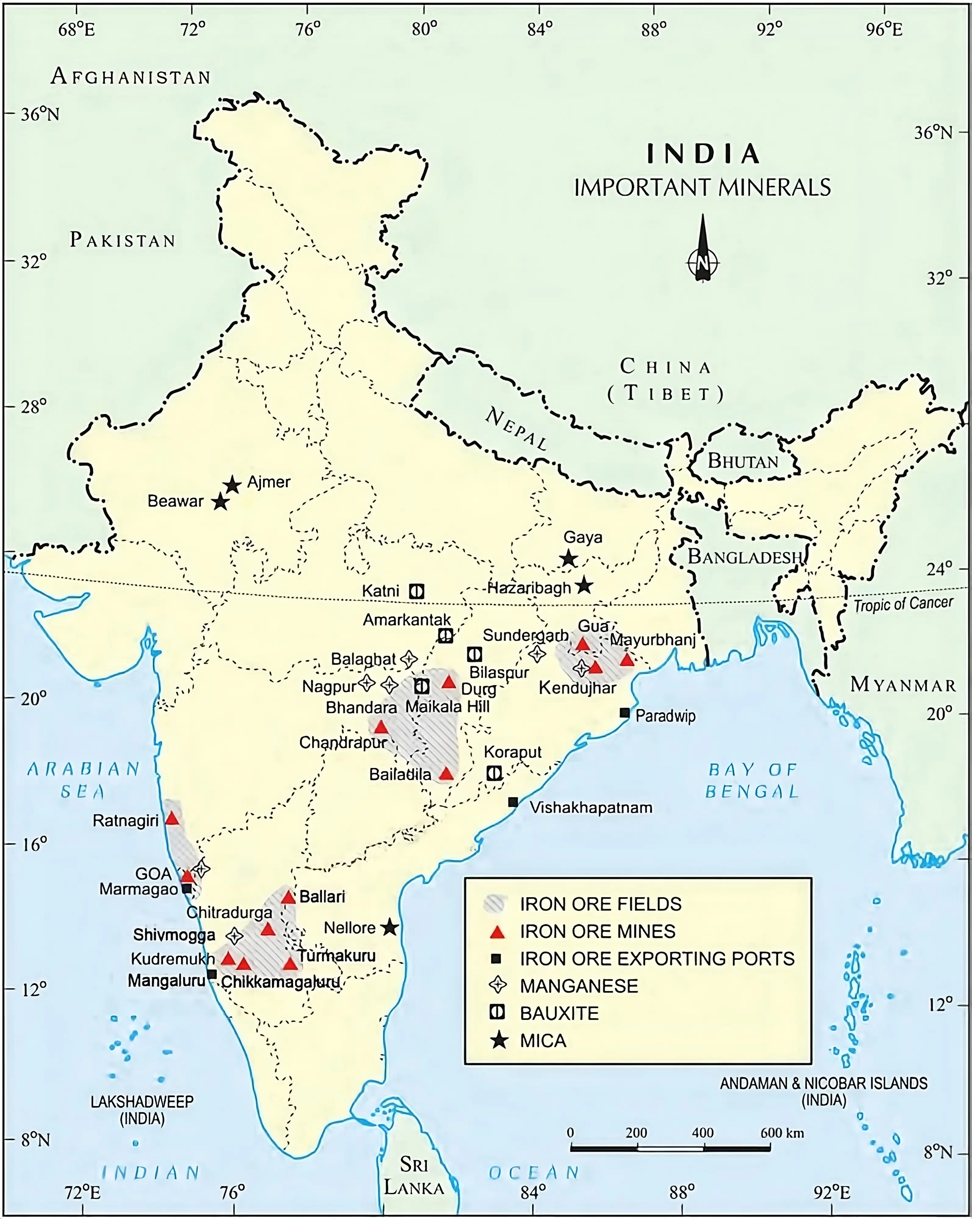 Map showing iron, manganese, bauxite, mica mines in India.