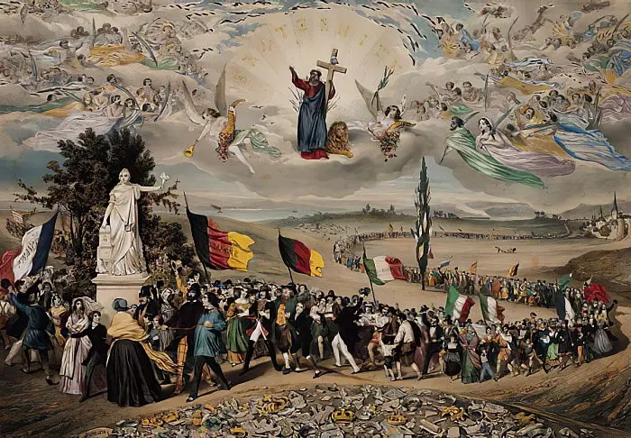 A procession of people representing various nations marches forward, each identified by their flags and traditional attire. Leading the way past the Statue of Liberty are the United States and Switzerland, already established as nation-states. France follows, recognizable by its revolutionary tricolor flag, with the German peoples behind, carrying the black, red, and gold flag—a symbol of liberal aspirations for unification in 1848. Further back are representatives of Austria, the Kingdom of the Two Sicilies, Lombardy, Poland, England, Ireland, Hungary, and Russia. Above them, Christ, saints, and angels watch over the scene, symbolizing fraternity among nations.