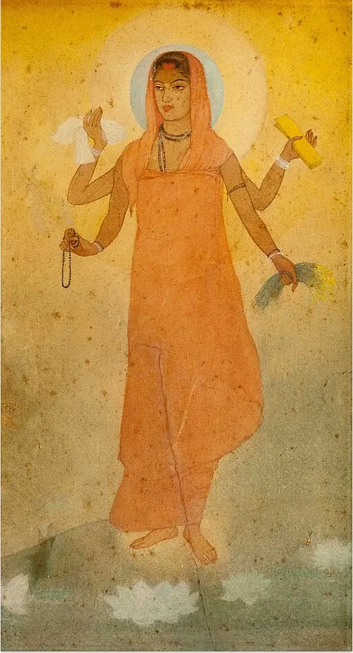 A painting of a woman with four arms, like a Hindu goddess. Each arm holds something of symbolic significance. Top-left hand has khadi cloth, top-right hand holds vedas, bottom-left holds a mala and bottom right has grass.