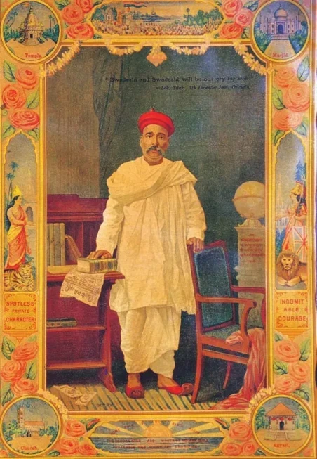 Painting of Bal Gangadhar Tilak. He is surrounded by symbols of unity. The sacred institutions of different faiths (temple, church, masjid) frame the central figure of the painting, that is, Tilak.