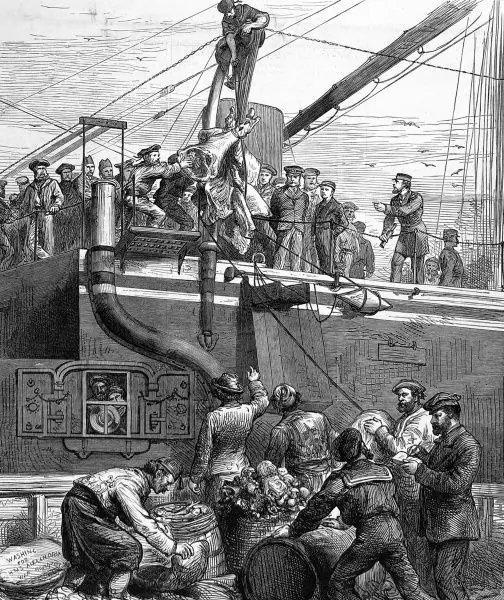 Meat being loaded on to the ship, Alexandra, The Illustrated London News, 1878.