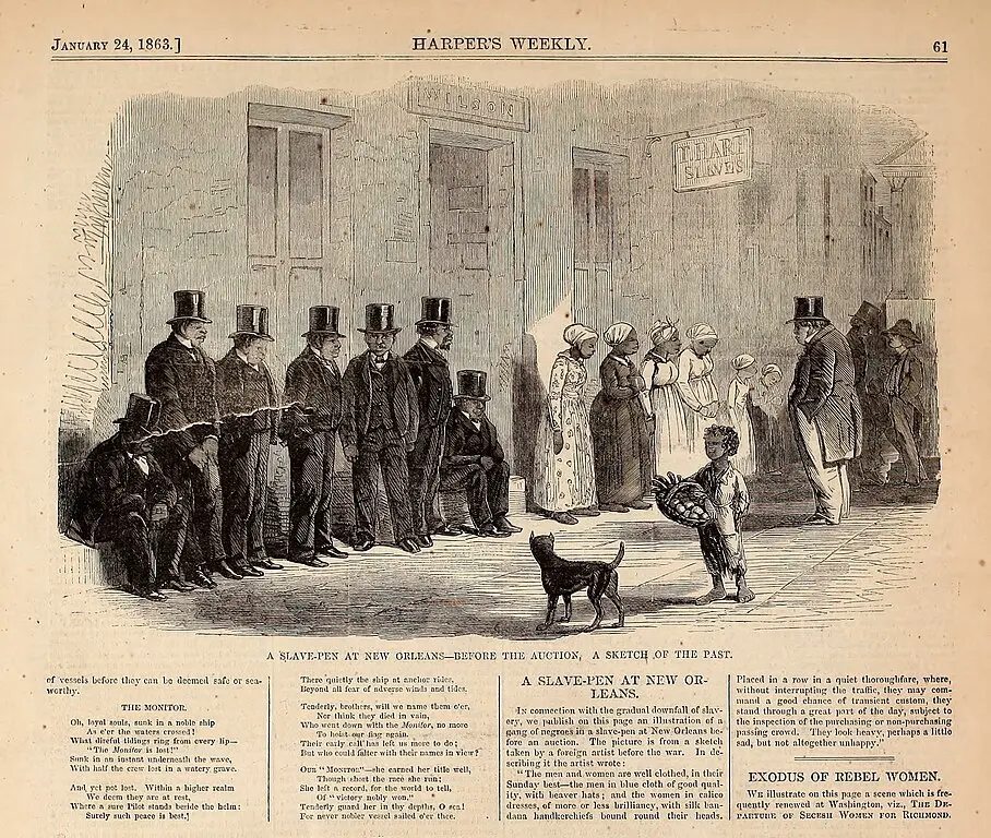 A cutting of the Illustrated London News from 1863, showing 8 people in top hats waiting to purchase slaves. It's a slave pen. Bunch of women with bandans on their heads standing to the side waiting to be sold.
